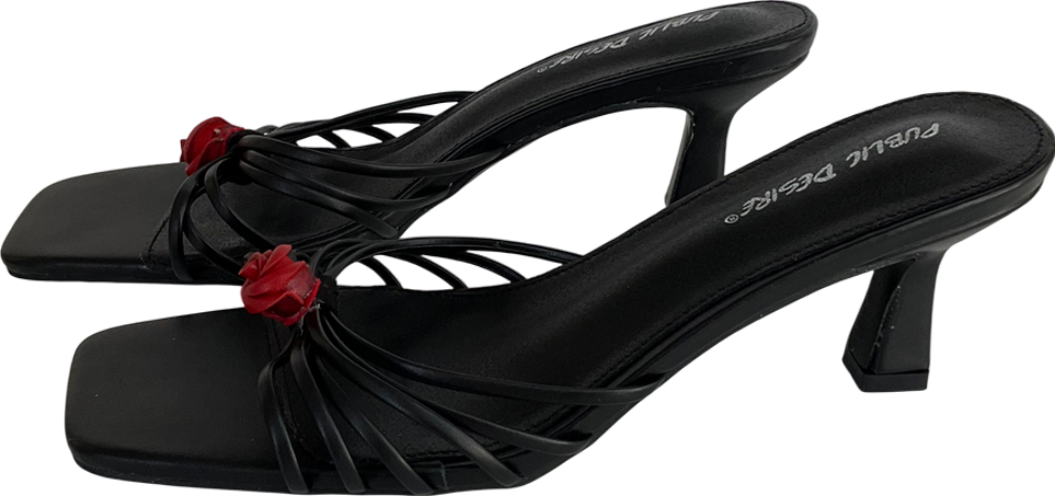 Public Desire Vertigo Black Pu Flower Detail Strappy Mid Heel Mules UK 5 EU 38 👠
