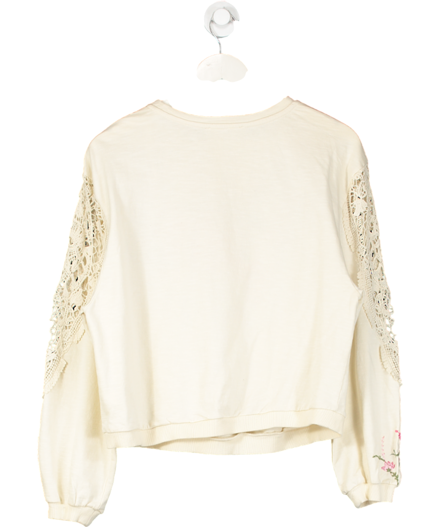 by Anthropologie Cream Oversize Floral Embroidered Lace Panel Sleeve Top UK S