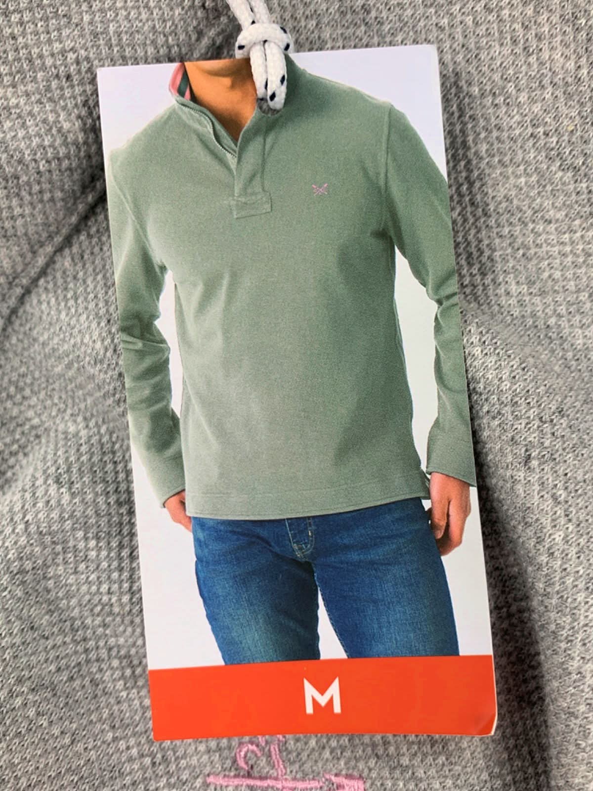 Crew Clothing Company Grey Pique Rugby Shirt with Pink Collar SZ Medium