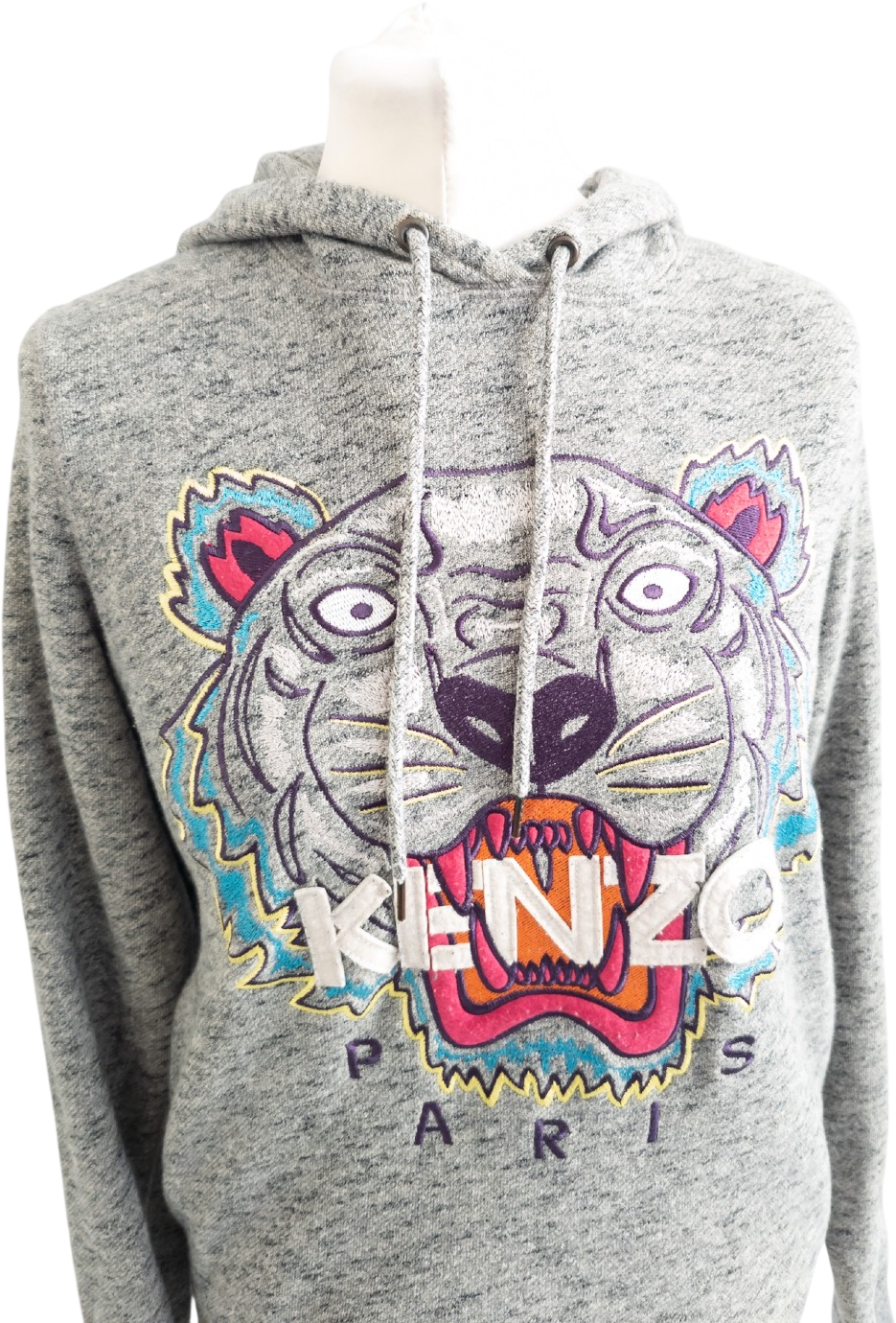 Kenzo Grey Embroidered Tiger Logo Hoodie UK XS
