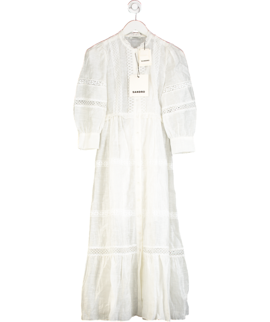 Sandro Cream Ecru Lace Inset Lined Midi Dress UK 6