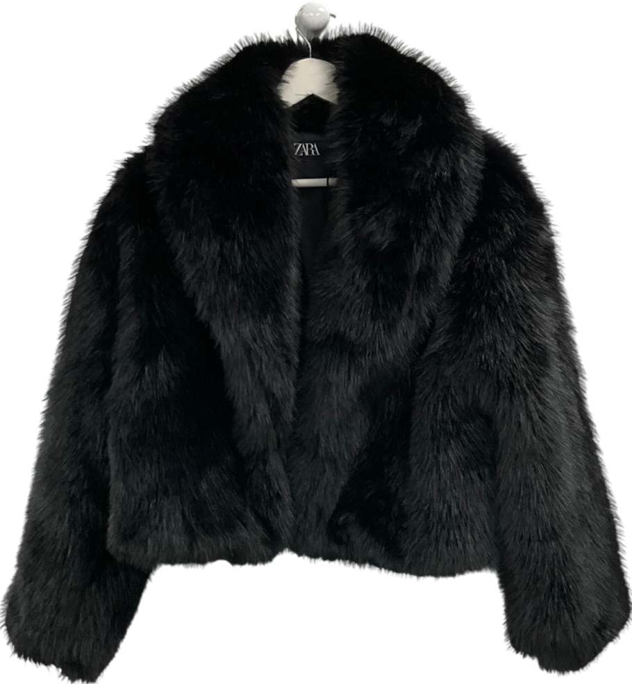 ZARA Black Faux Fur Coat UK M