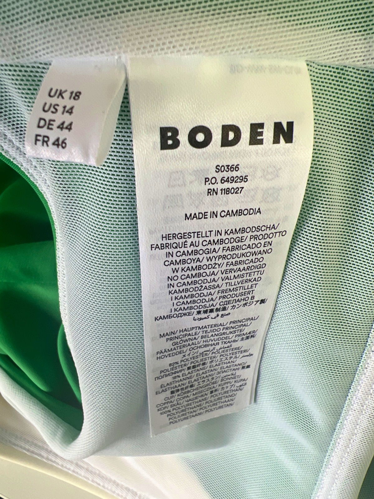 Boden Green & White Plunge Swimsuit UK 18