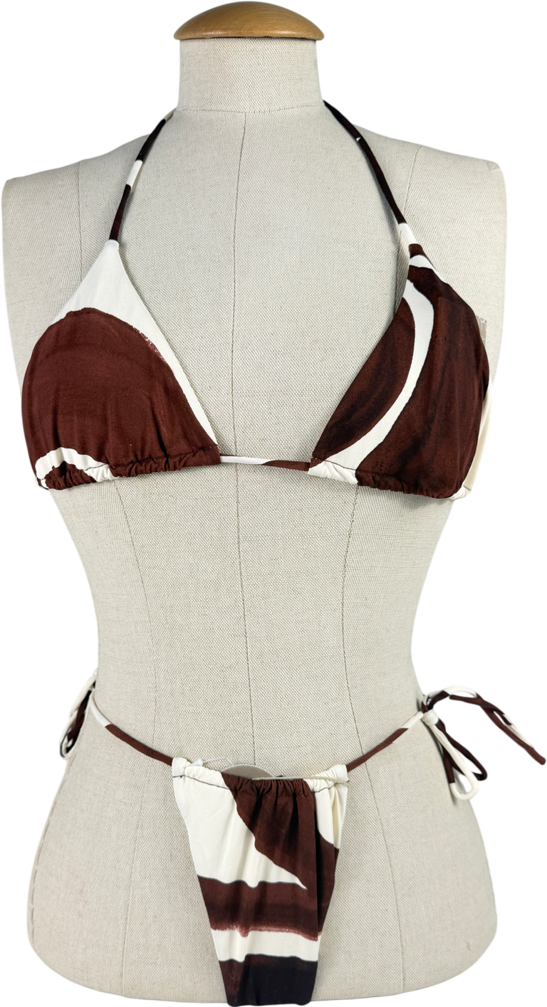 Meshki Brown Marquise Bikini Chocolate Deco Flour Print UK XS