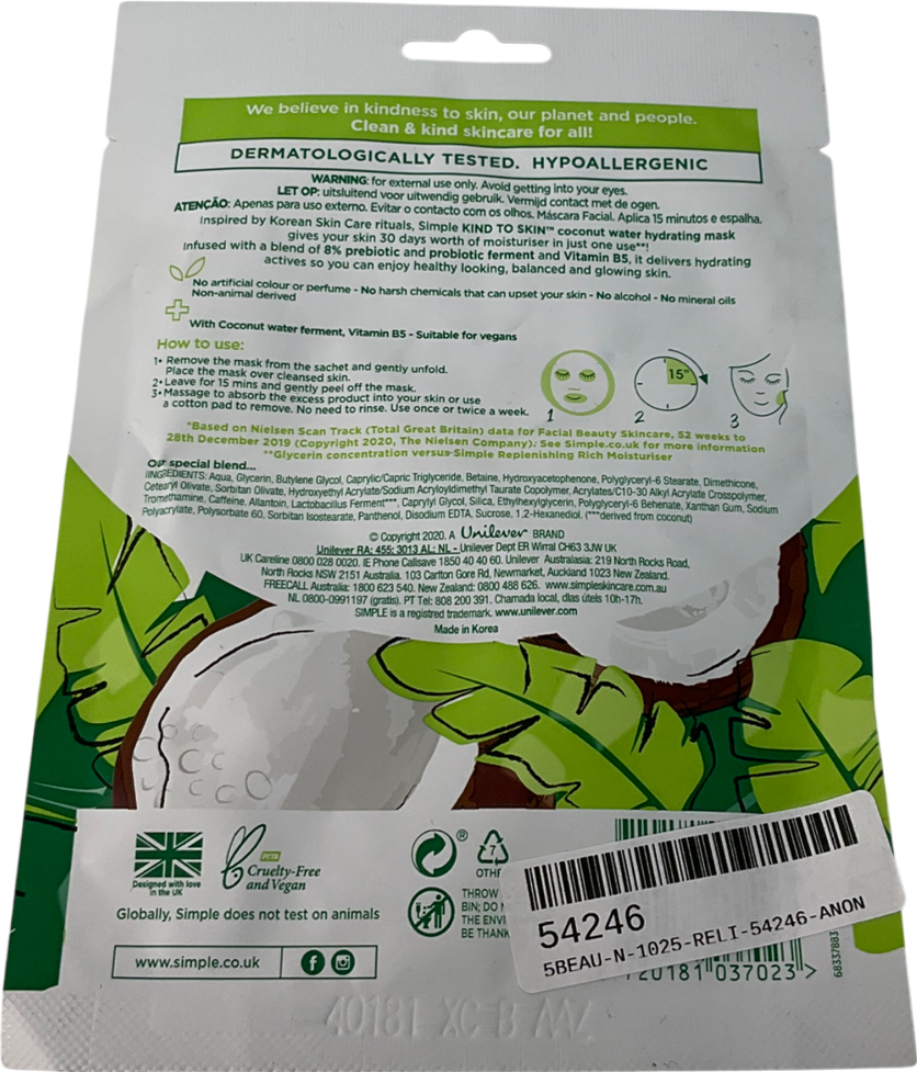 Simple Kind To Skin Coconut Water Hydrating Mask 1 sheet