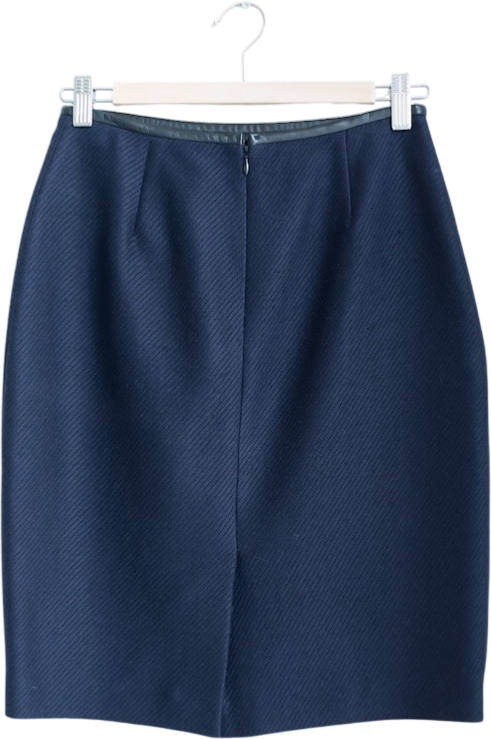 Jigsaw Navy Blue Wool Jacquard Leather Trim Pencil Skirt UK 8
