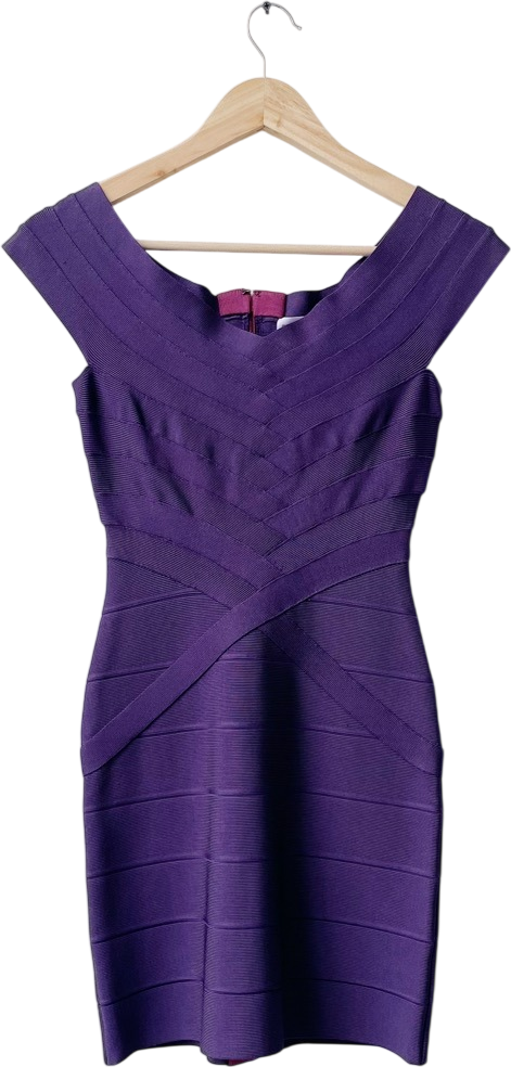Herve Leger Iconic Purple Knit Bandage Dress UK S