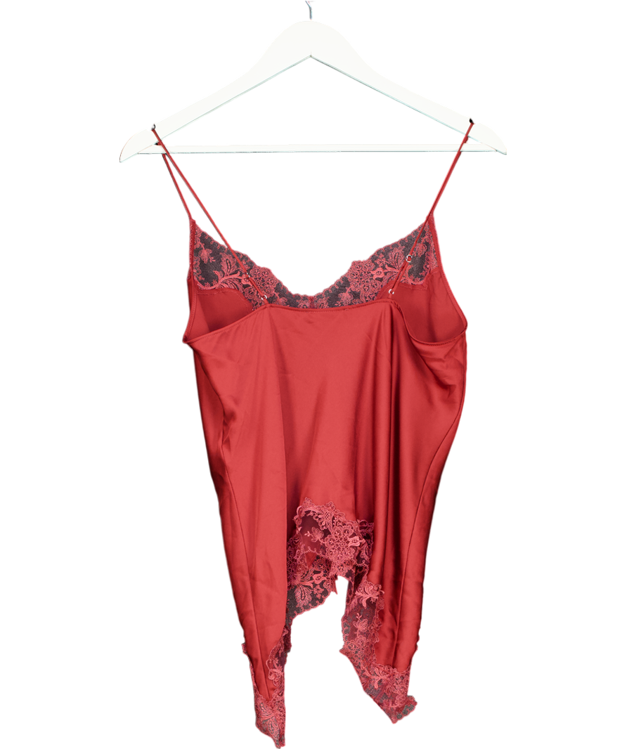 ZARA Red Satin Top With Burgundy Lace Trimming UK S