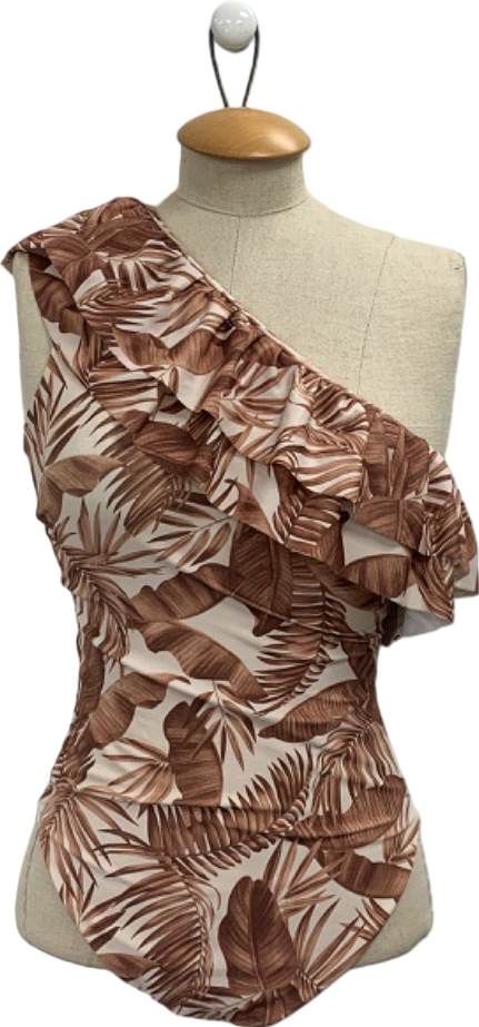 Brown Tropical Print One-Shoulder Swimsuit UK 8