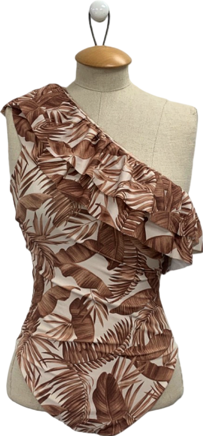 Brown Tropical Print One-Shoulder Swimsuit UK 8