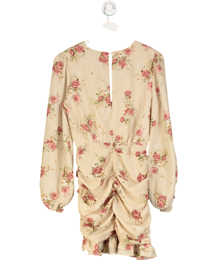 En Saison Beige Floral Ruched Side Mini Dress UK XS