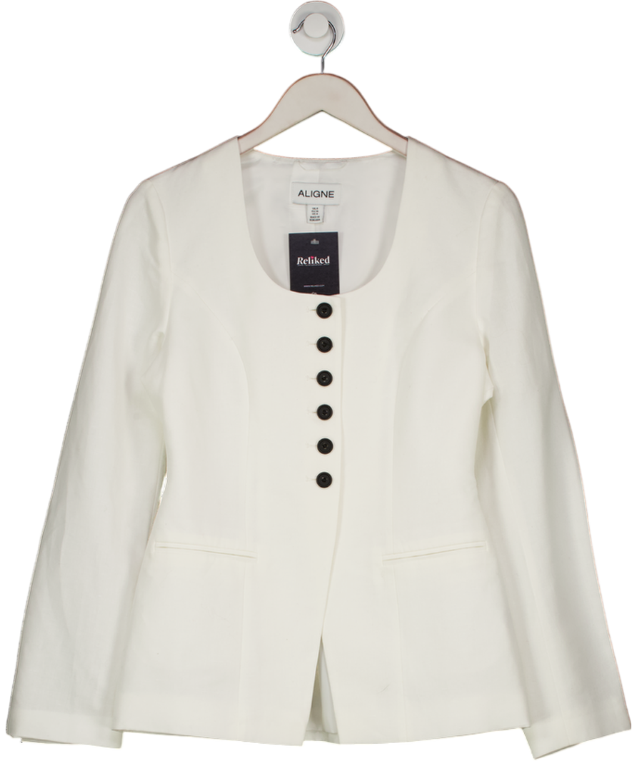 Aligne White Daphne Scoop Neck Linen Blazer UK 8