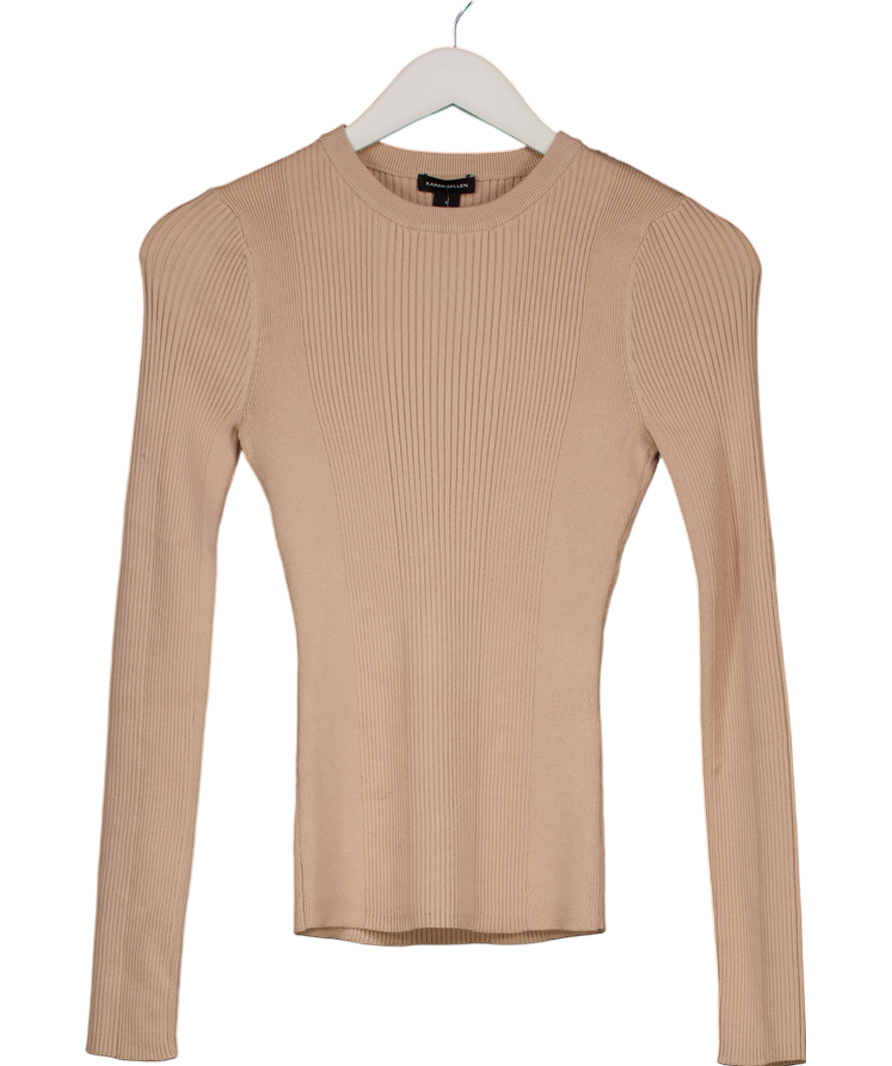 Karen Millen Beige Premium Rib Knit Crew Neck Top UK S