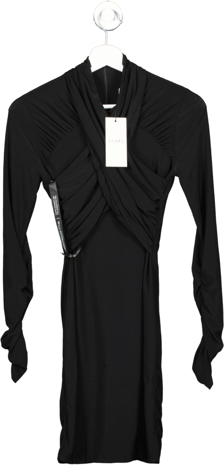 Club L Eve Black Crossed Neck Long Sleeved Bodycon Mini Dress UK 8