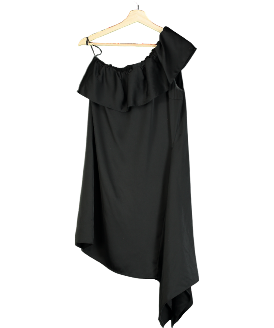 Designers Remix Black Frill One Shoulder Satin Mini Dress UK 6