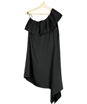 Designers Remix Black Frill One Shoulder Satin Mini Dress UK 6