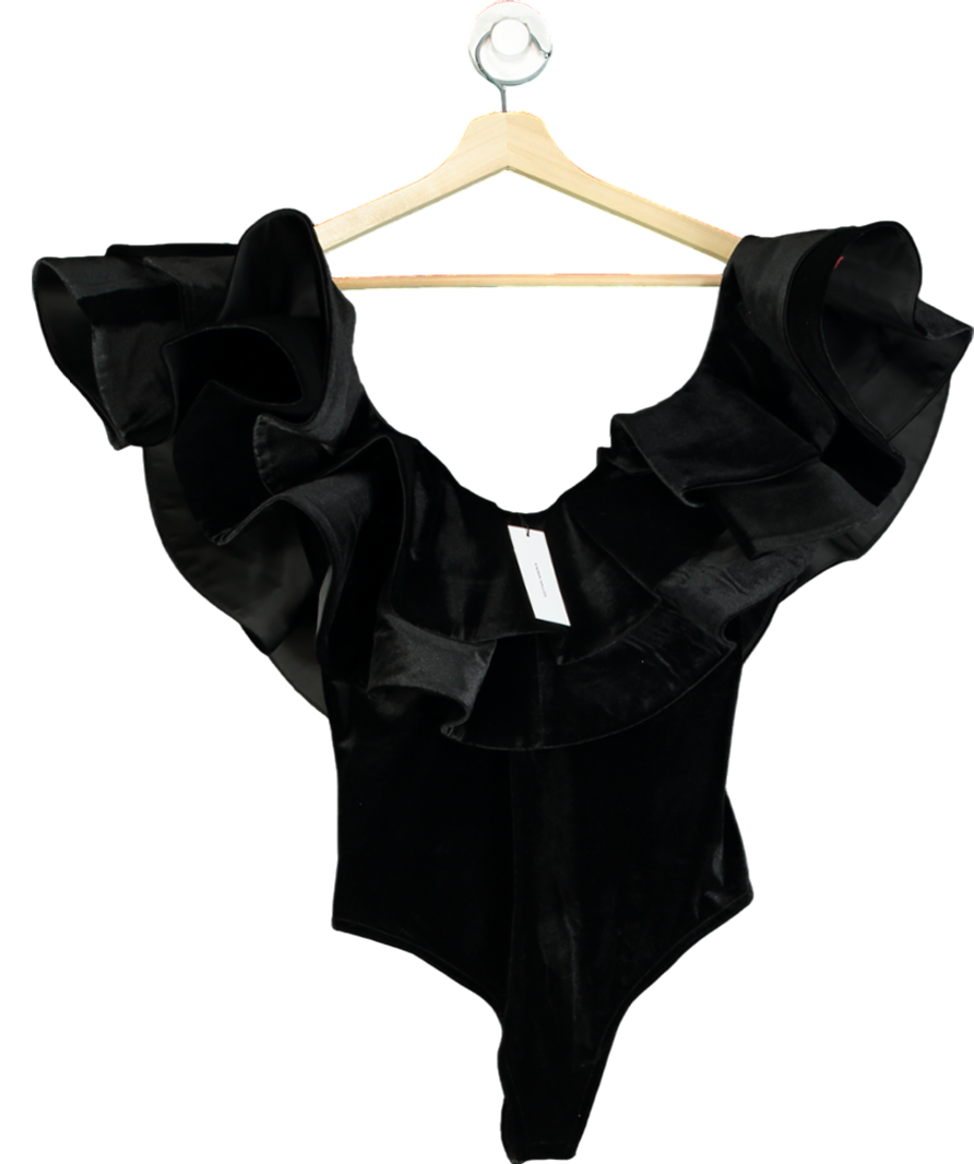Karen Millen Black Ruffle Velvet V Neck Sleeveless Bodysuit UK S