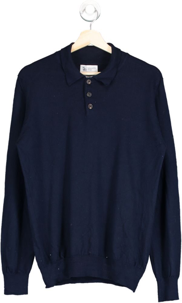 Johnstons of Elgin Blue Wool Longsleeve Polo Shirt UK S