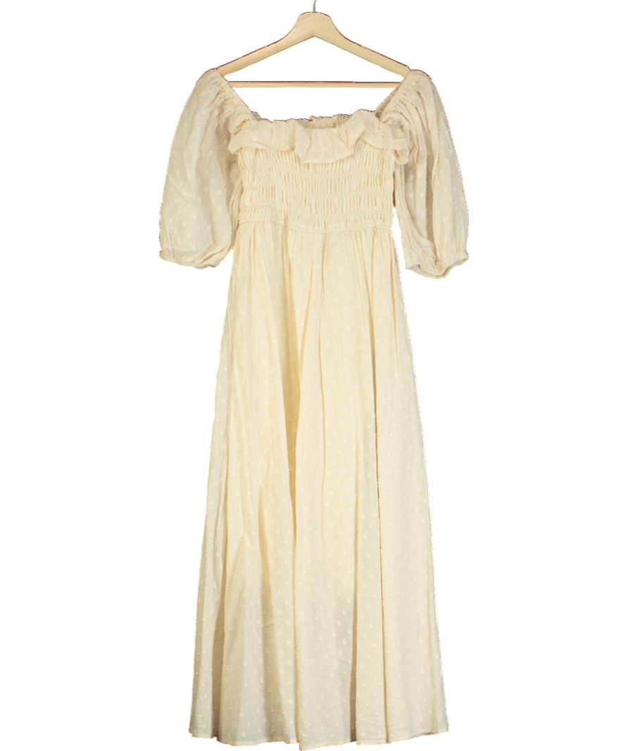 R.Vivimos Cream Square Neck Puff Sleeve High Waist Midi Dress UK S