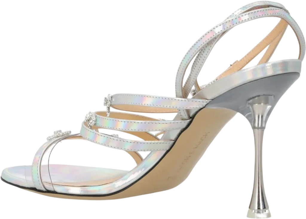 MACH & MACH Metallic Silver Iridescent Leather Crystal Bow Sandals UK 6 EU 39