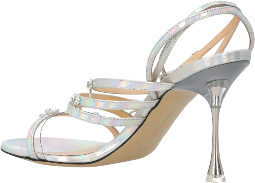 MACH & MACH Metallic Silver Iridescent Leather Crystal Bow Sandals UK 6 EU 39