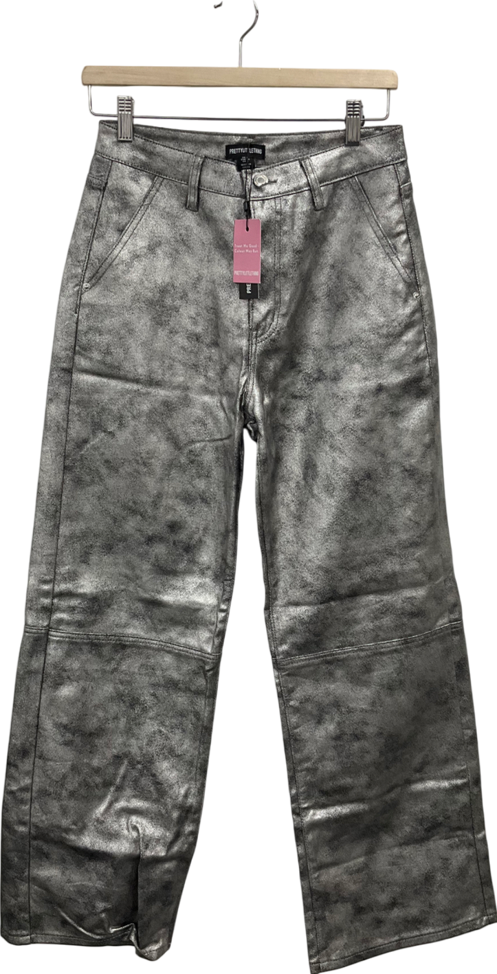 PrettyLittleThing Metallic Distressed Metal Look Coated Denim Boyfriend Jeans UK 8