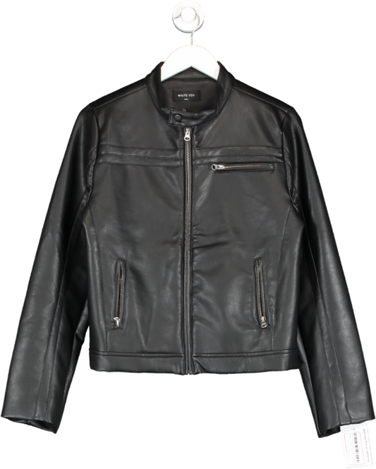 White Fox Black Faux Leather Biker Jacket UK M/L