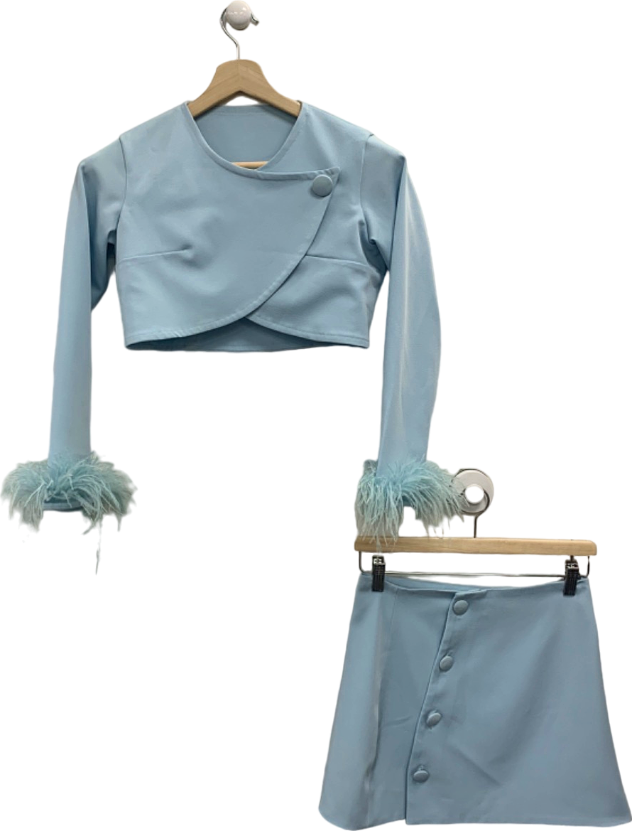 Light Blue Feather Cuff Crop Top and Skirt Set