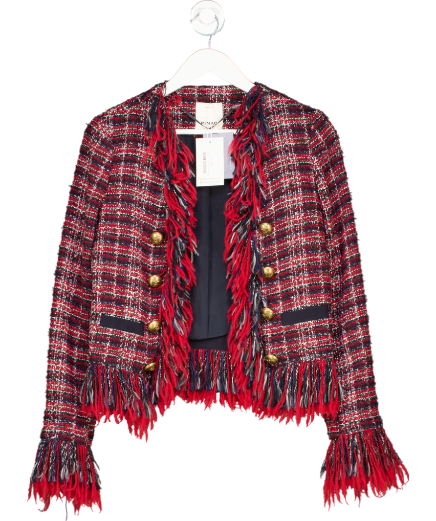 Pinko Red Tweed Blazer With Fringe Details UK 6