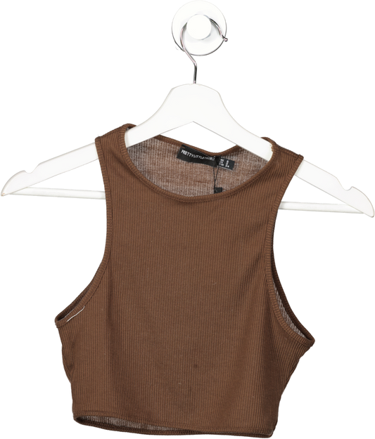 PrettyLittleThing Brown Racer Neck Ribbed Crop Top UK 6
