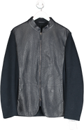Armani Collezioni Navy Blue Wool And Lamb Leather Front Panel Detail Zip Front Jacket UK L