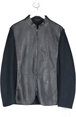 Armani Collezioni Navy Blue Wool And Lamb Leather Front Panel Detail Zip Front Jacket UK L