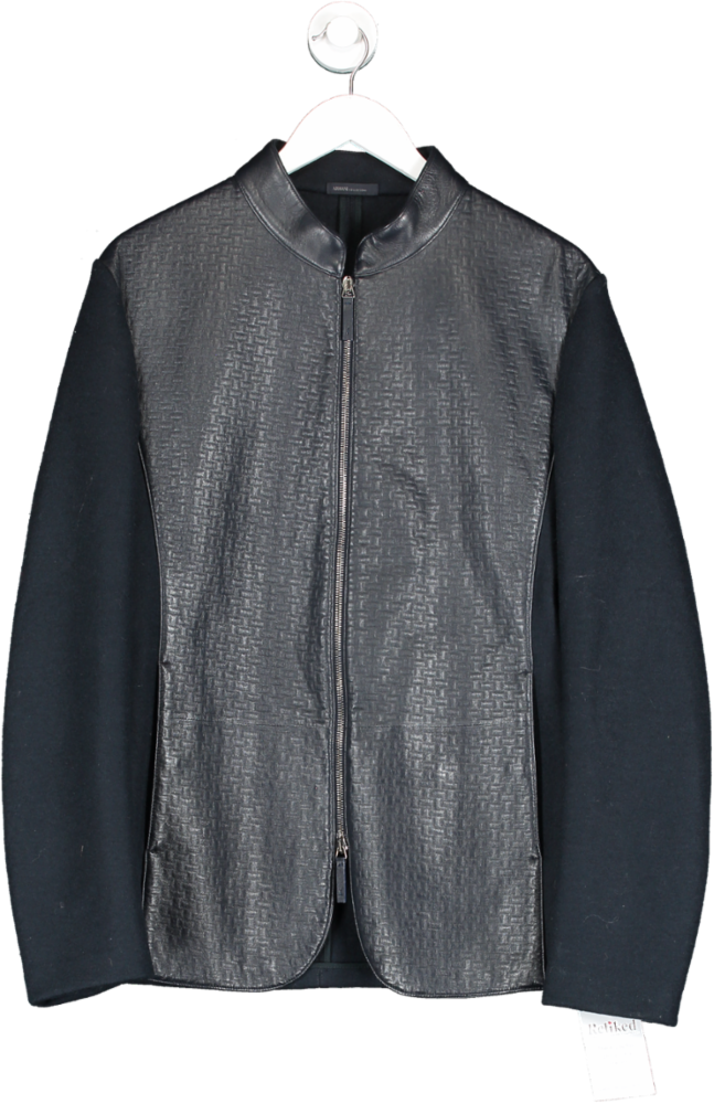 Armani Collezioni Navy Blue Wool And Lamb Leather Front Panel Detail Zip Front Jacket UK L