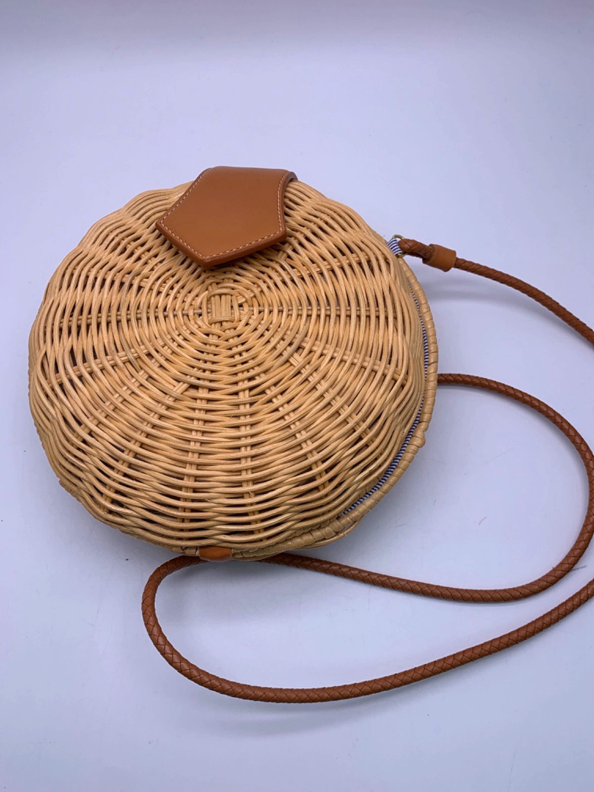 J McLaughlin Tan Round Woven Rattan Crossbody Bag