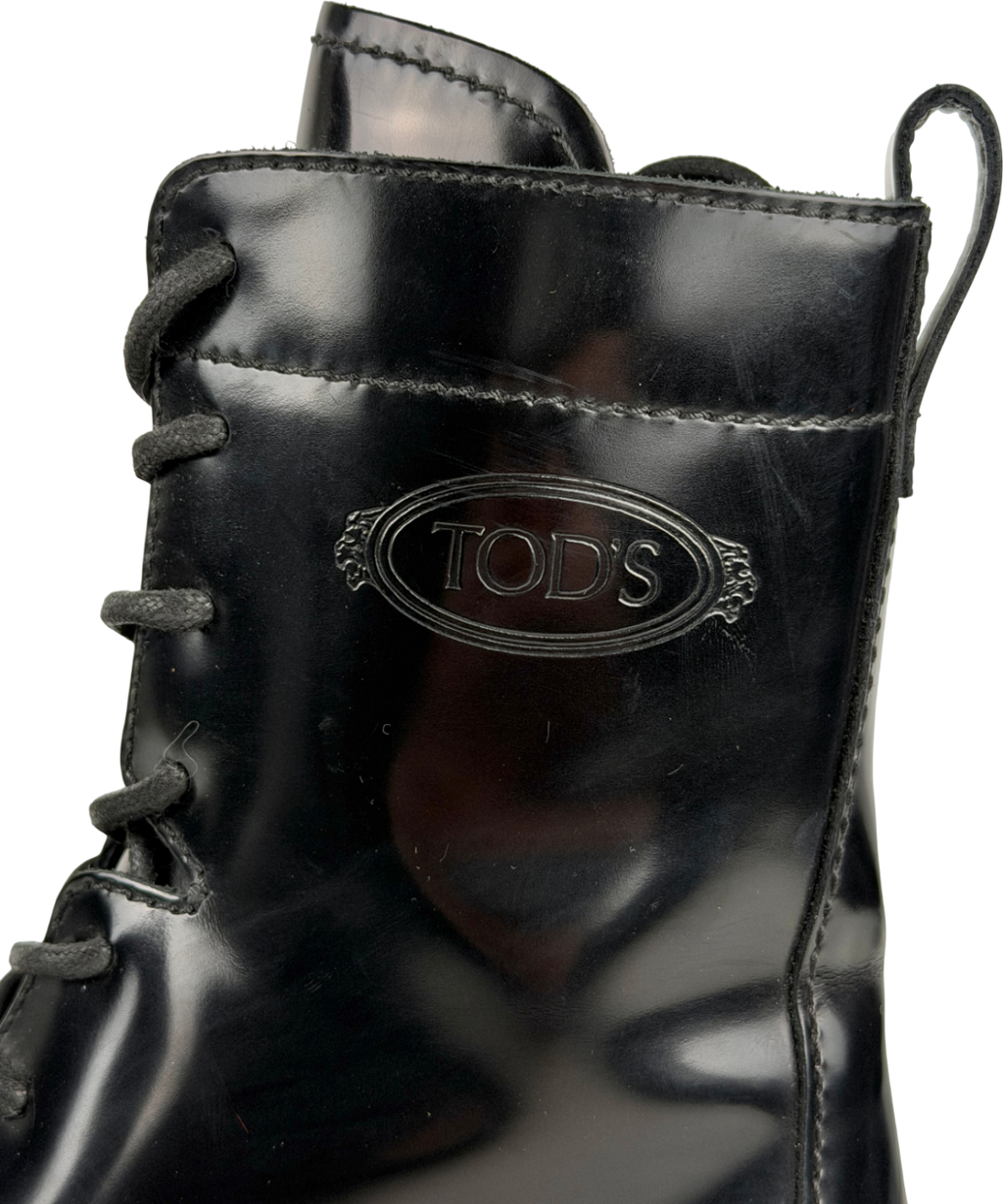 Tod's Black Embellished Glossed-leather Combat Boots UK 4 EU 37 👠