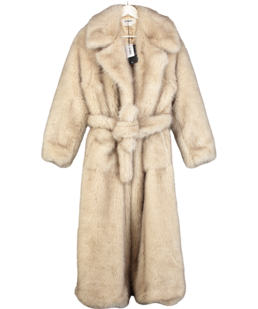 4th & Reckless Beige Faux Fur Oversized Tie Waist Maxi Coat- Schiffer UK 10