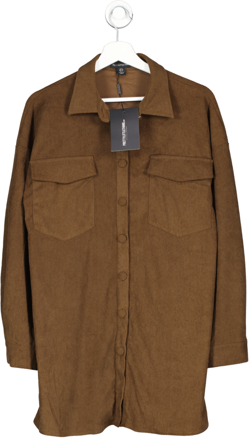 PrettyLittleThing Brown Cord Oversized Pocket Detail Shirt Dress UK 8