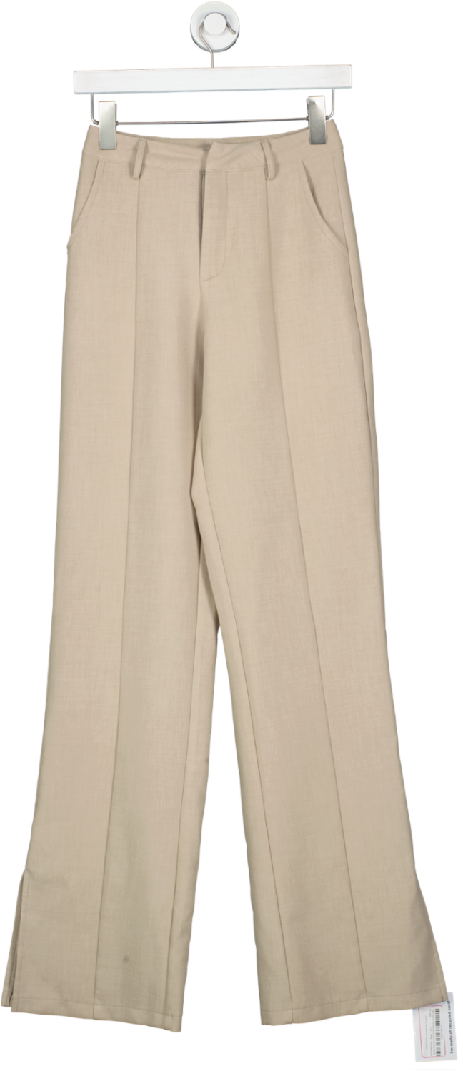 PrettyLittleThing Beige Oatmeal Wide Leg Split Hem Trousers UK 4