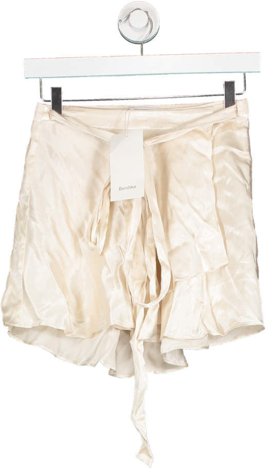Bershka Nude Satin Mini Wrap Skirt In Ecru UK XS