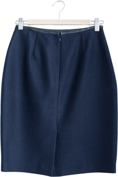 Jigsaw Navy Blue Wool Jacquard Leather Trim Pencil Skirt UK 8