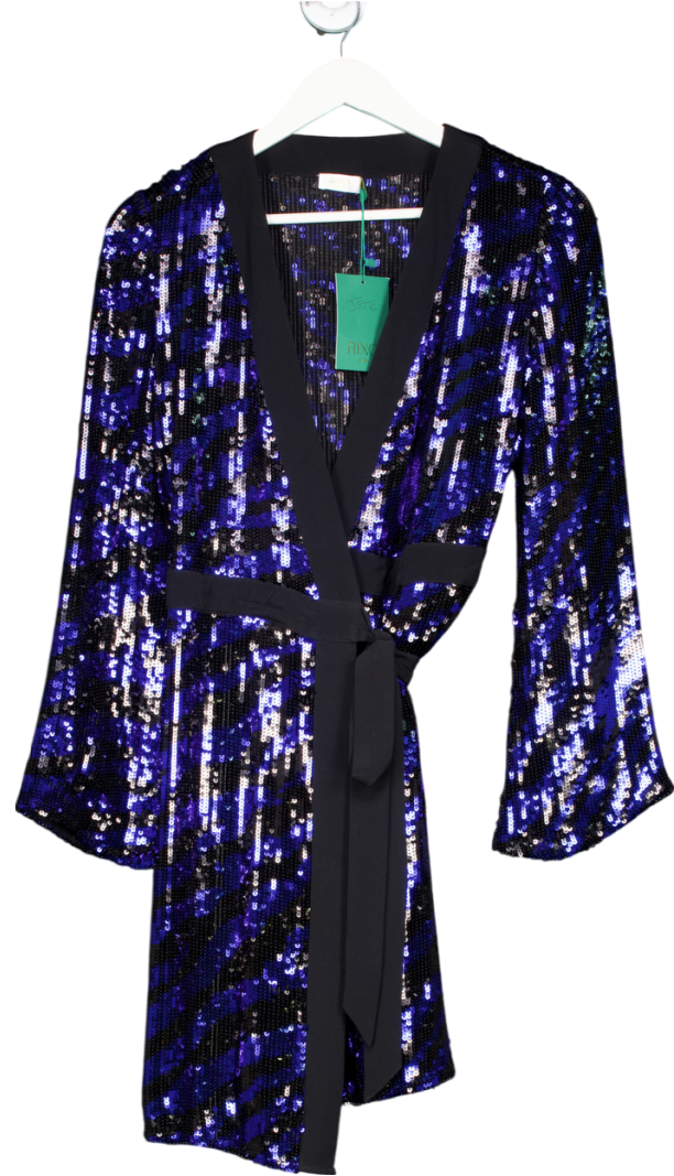 Rixo Blue Sequin Maria Tiger Mini Wrap Dress UK S