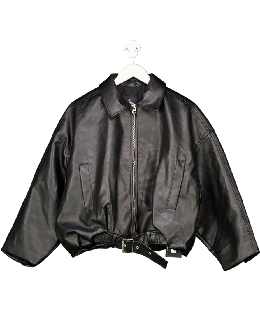 Pull&Bear Black Gather Hem Faux Leather Bomber Jacket UK S