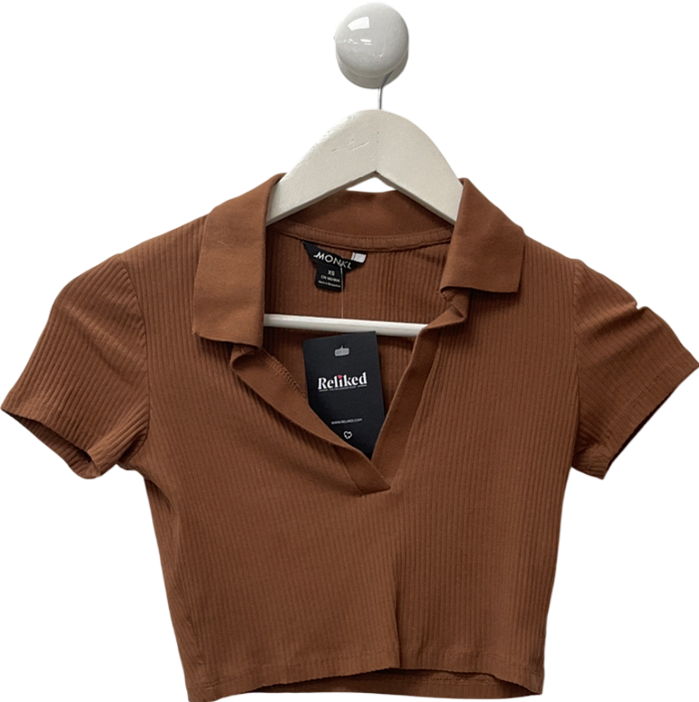 monkl Collard Brown Polo Crop Top UK XS