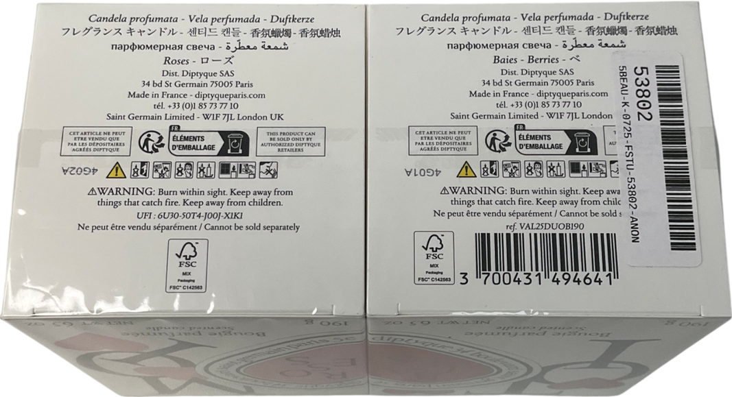 Diptyque Valentines Day Baies and Roses Candle Duo Set 2x190g