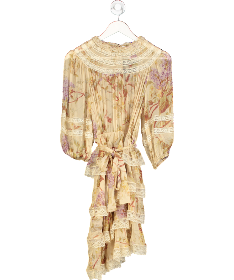 Zimmermann Beige Sabotage Tiered Lace Silk Mini Dress UK S