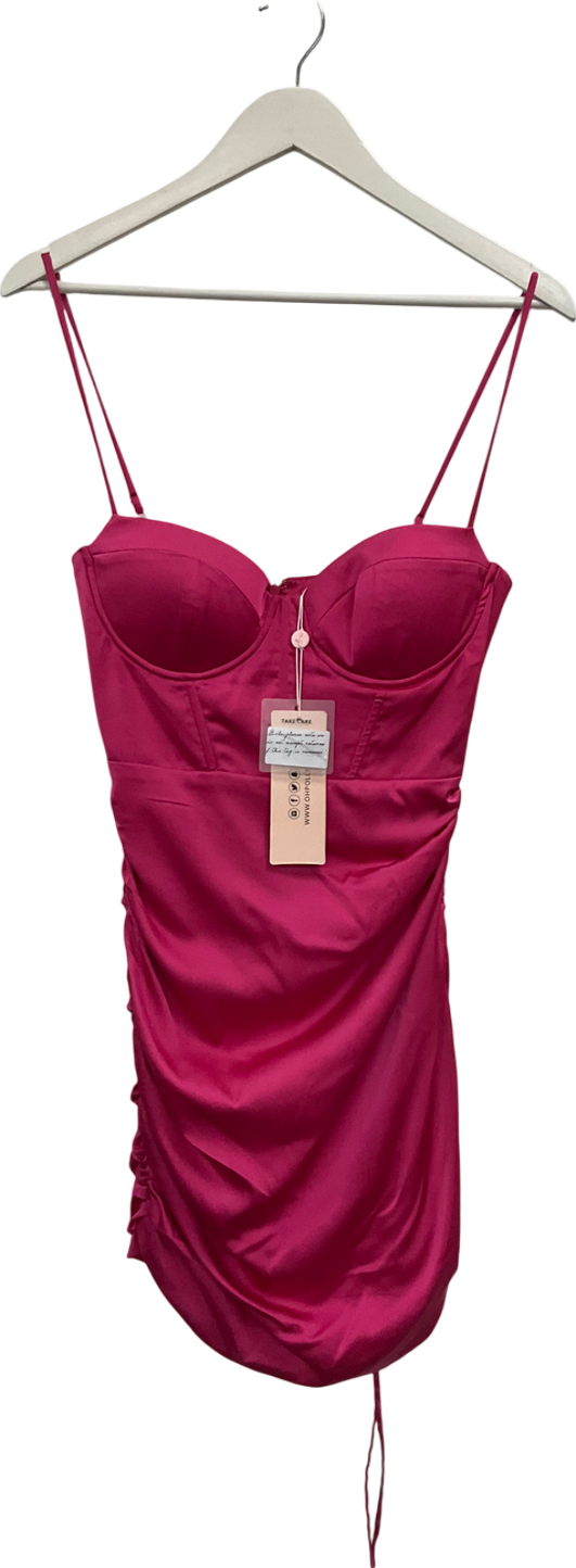 Oh Polly Pink Timeless Romance Ruched Asymmetric Satin Mini Dress UK 10