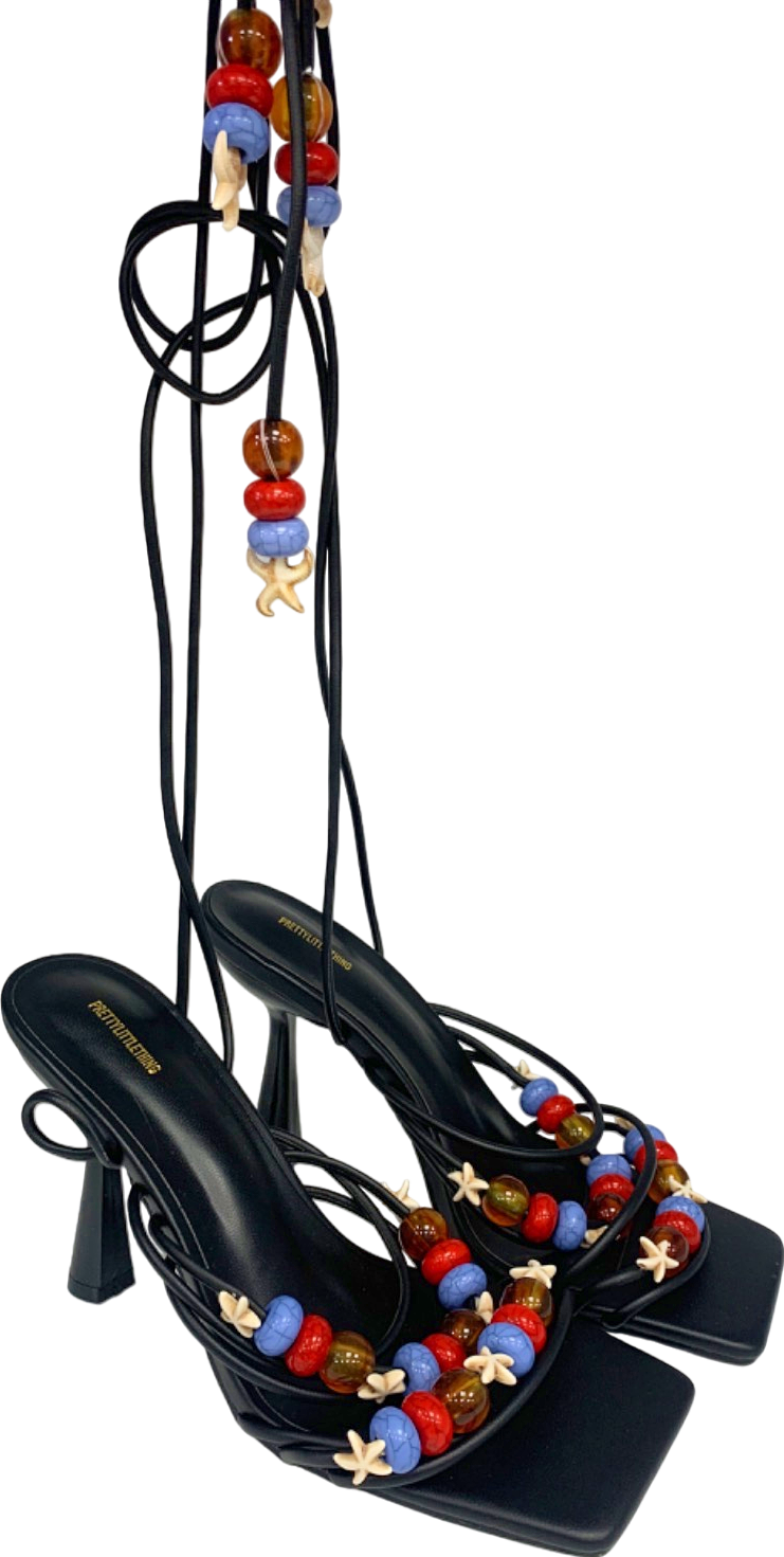 PrettyLittleThing Black Beaded Heel Sandals UK 5