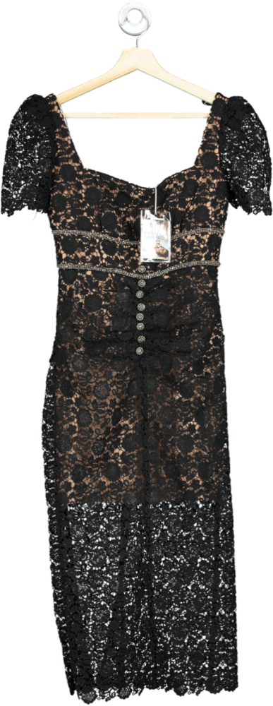 Self Portrait Black Guipure Lace Fitted Midi Dress with Diamante details UK 4