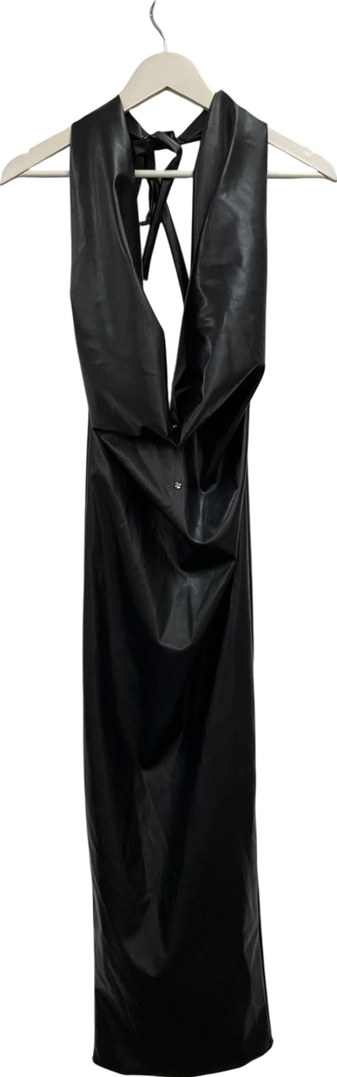 MURCI Black Leather Look Halterneck Deep Plunge Maxi Dress UK 8