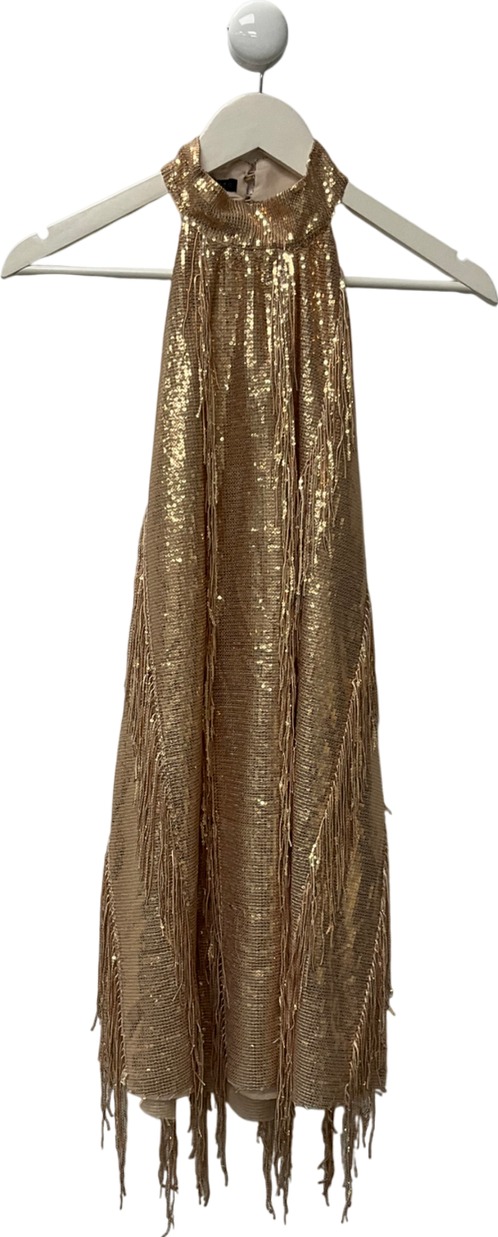 ZARA Metallic Gold Sequin Tassel Dress UK S